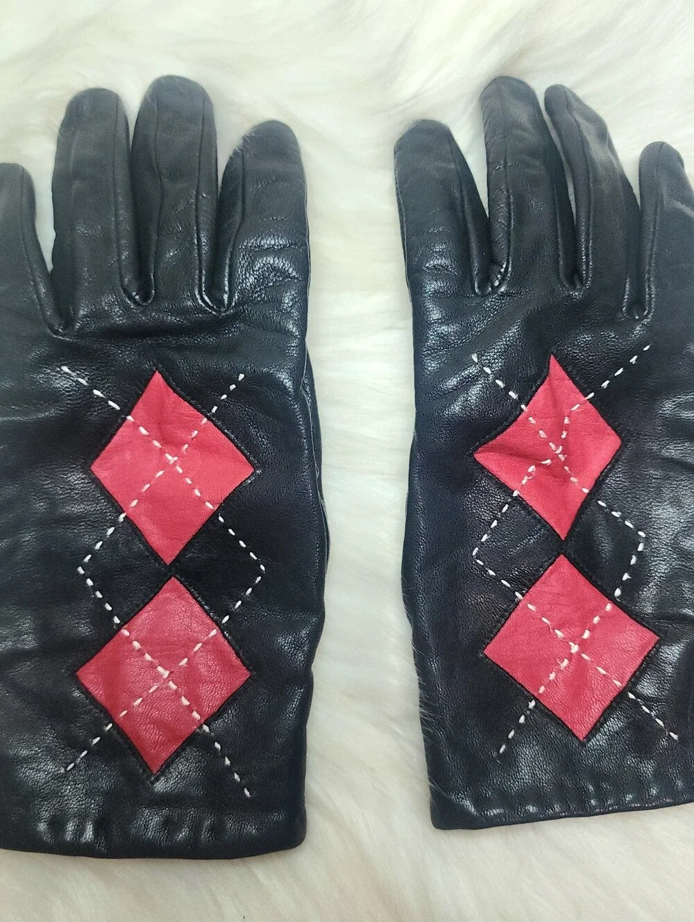 Anne Klein Leather Gloves Black & Red Argyle Lined Sz S Vintage
